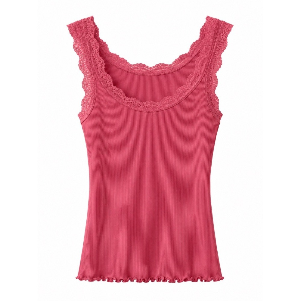 Victorias Secret Angela Womens Y2K Pink Lace Tank Top Ribbed Cotton Size L